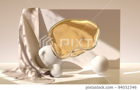 3D background, gold stain of oil, drop serum or bubble collagen essence with geometric white spheres and luxury silk cloth on beige backdrop for display cosmetic product, mockup banner 3D background, gold stain of oil, drop serum or bubble collagen essence with geometric white spheres and luxury silk cloth on beige backdrop for display cosmetic product, mockup banner 94032346