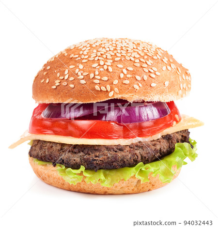 Homemade cheeseburger isolated over white. Homemade cheeseburger isolated over white. 94032443