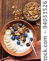 Breakfast bowl of yogurt with chocolate granola, blueberries and banana 94033526