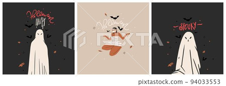 Hand drawn abstract vector graphic clipart illustrations,Halloween holiday costume party adult people characters collection set.Creepy Halloween design poster concept.Happy Halloween contemporary art. 94033553