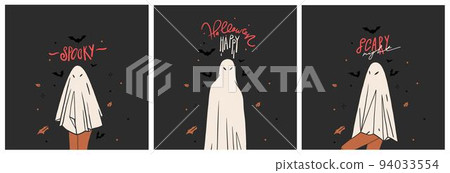Hand drawn abstract vector graphic clipart illustration,Halloween holiday costume party adult people characters collection card template set.Creepy Halloween design poster concept.Happy Halloween art. 94033554