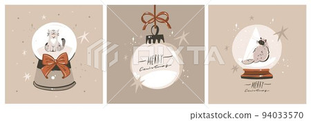 Hand drawn vector abstract graphic Merry Christmas and Happy new year clipart illustration of cat character cards collection set.Merry Christmas cute animals card design background.Winter holiday art. 94033570
