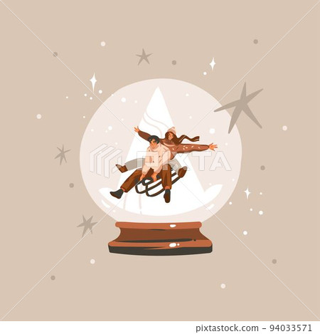Hand drawn vector abstract graphic Merry Christmas and Happy new year illustration of couple characters.People in snow globe.Merry Christmas cute people card design background.Winter holiday art. 94033571