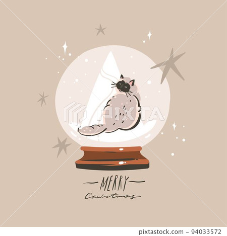 Hand drawn vector abstract graphic Merry Christmas and Happy new year clipart illustration of cat character.Cat in snow globe.Merry Christmas cute animals card design background.Winter holiday art. Hand drawn vector abstract graphic Merry Christmas and Happy new year clipart illustration of cat character.Cat in snow globe.Merry Christmas cute animals card design background.Winter holiday art. 94033572