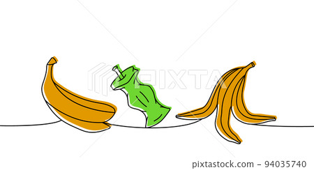 Set of organic trash one line colored continuous drawing. Peel of banana, apple stub continuous one line colorful set illustration. Set of organic trash one line colored continuous drawing. Peel of banana, apple stub continuous one line colorful set illustration. 94035740