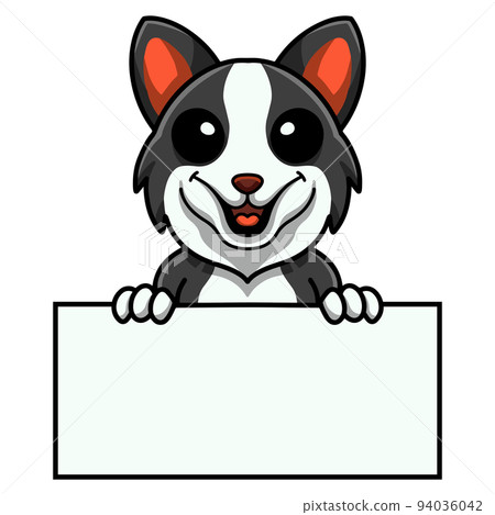 Cute border collie dog cartoon holding blank sign Cute border collie dog cartoon holding blank sign 94036042
