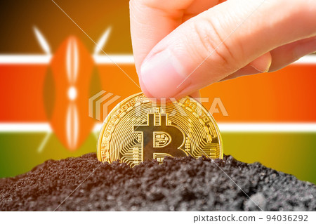 Legalization of bitcoins in Kenya. Planting a Bitcoin in the ground on the background of the flag of Kenya. Kenya - investment in cryptocurrency. Legalization of bitcoins in Kenya. Planting a Bitcoin in the ground on the background of the flag of Kenya. Kenya - investment in cryptocurrency. 94036292