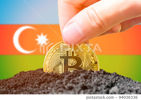 Legalization of bitcoins in Azerbaijan. Planting Bitcoin in the ground against the background of the flag of Azerbaijan. Azerbaijan - investment in cryptocurrency. Legalization of bitcoins in Azerbaijan. Planting Bitcoin in the ground against the background of the flag of Azerbaijan. Azerbaijan - investment in cryptocurrency. 94036336