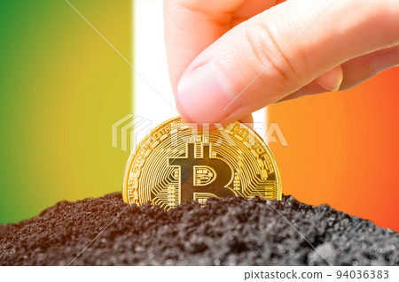 Legalization of bitcoins in Italy. Planting a Bitcoin in the ground against the background of the flag of Italy. Italy - investment in cryptocurrency. Legalization of bitcoins in Italy. Planting a Bitcoin in the ground against the background of the flag of Italy. Italy - investment in cryptocurrency. 94036383