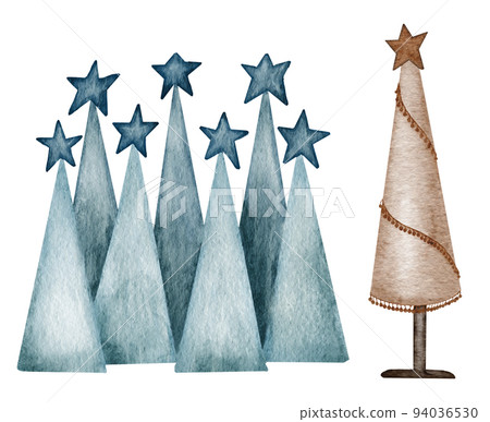 Christmas modern farmhouse decor. Modern Christmas tree. Wooden decoration. Watercolor Illustration. 94036530