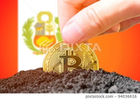 Legalization of bitcoins in Peru. Planting a Bitcoin in the ground on the background of the flag of Peru. Peru - investment in cryptocurrency Legalization of bitcoins in Peru. Planting a Bitcoin in the ground on the background of the flag of Peru. Peru - investment in cryptocurrency 94036616