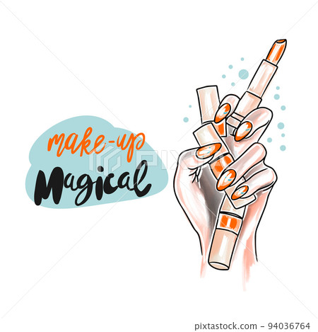 Makeup is magical, handwritten lettering, hand with bright long nails holds lipstick and nail polish Makeup is magical, handwritten lettering, hand with bright long nails holds lipstick and nail polish 94036764