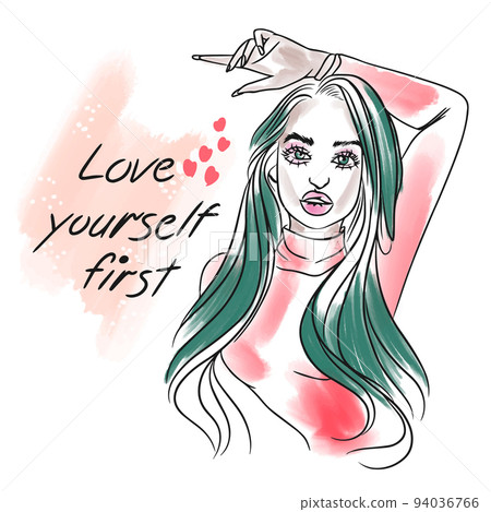 Love yourself first, handwritten, inspirational quote, beautiful girl with long hair, mood Love yourself first, handwritten, inspirational quote, beautiful girl with long hair, mood 94036766