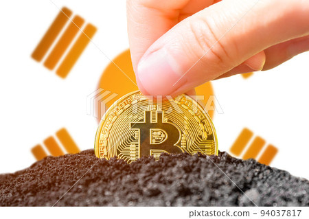 Legalization of bitcoins in South Korea. Planting a Bitcoin in the ground against the background of the flag of South Korea. South Korea - investment in cryptocurrency. Legalization of bitcoins in South Korea. Planting a Bitcoin in the ground against the background of the flag of South Korea. South Korea - investment in cryptocurrency. 94037817