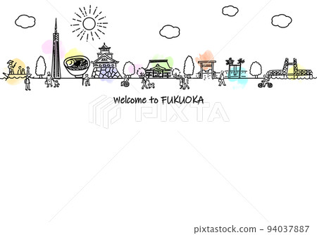 福岡縣旅遊景點街道和人的簡單線條畫插圖 94037887