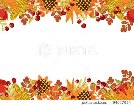 Thanksgiving day banner. Decorative frame with fall leaves, sunflowers, berries, fruits and vegetables. 94037934