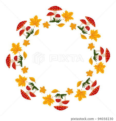 Round frame with red fly agaric mushroom with white dots and yellow maple leaves. Bright autumn wreath with gifts of nature and empty space for text. Decoration for halloween and holiday 94038130