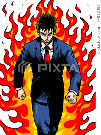 Gekiga manga-style cut of a businessman who takes a step forward with the flame behind Gekiga manga-style cut of a businessman who takes a step forward with the flame behind 94038398