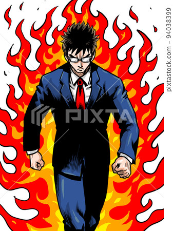 Gekiga manga-style cut of a businessman who takes a step forward with the flame behind 94038399
