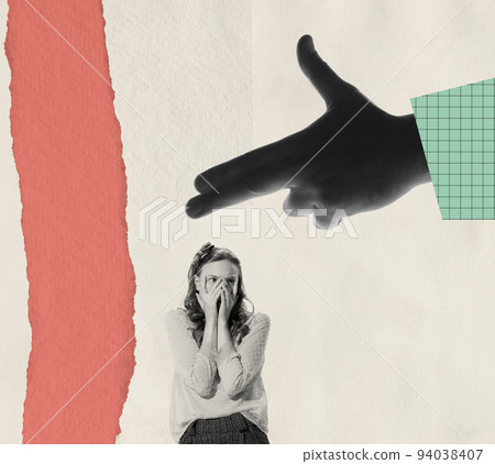 Contemporary art collage. Conceptual image of young terrifying woman covering face in fear. Hand gesture Contemporary art collage. Conceptual image of young terrifying woman covering face in fear. Hand gesture 94038407