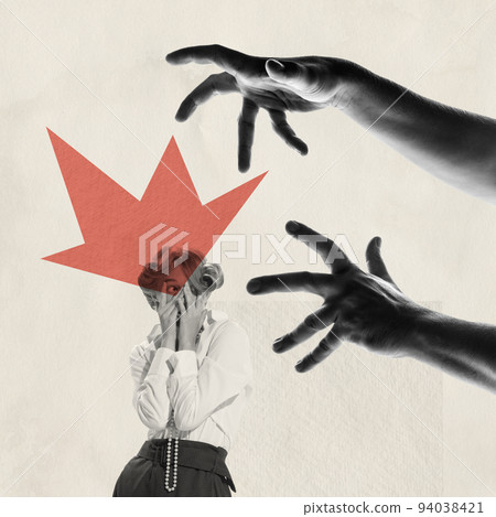 Contemporary art collage. Conceptual image of young girl covering face in fear, hiding from dark hands appearing Contemporary art collage. Conceptual image of young girl covering face in fear, hiding from dark hands appearing 94038421