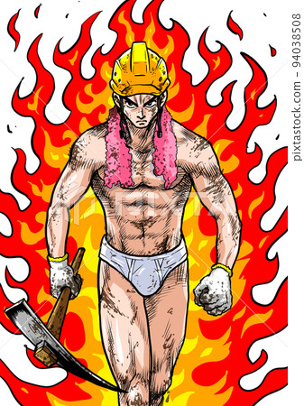 Gekiga manga-style illustration of a construction site worker taking a step forward against the flames 94038508
