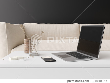Laptop and smartphone on table at home. Distance education, courses, online training, learning concept. Work from home, working online. Shopping via internet. E-commerce. Modern interior. 3D render. 94040134