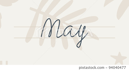 May. Handwriting text of the month of the year. Hand drawn lettering on a light background with abstract floral patterns. 94040477