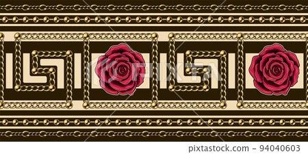 border with gold chains, crimson roses, beads 94040603