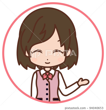 A woman who guides with a smile, raises her left hand, circular frame (pink) / suit, young, OL [1] 94040653