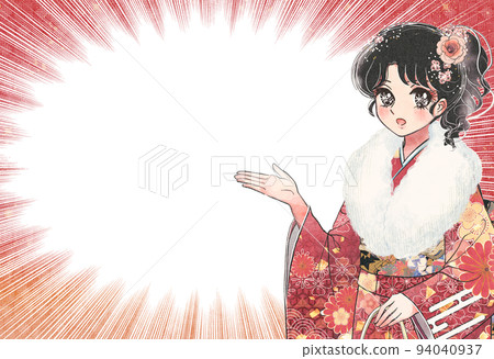 Coming-of-age day eye catch for women wearing retro girl's cartoon style and kimono Coming-of-age day eye catch for women wearing retro girl's cartoon style and kimono 94040937