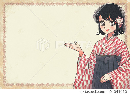 Taisho romantic female student in Yagasuri hakama, retro girl cartoon style advertisement image 94041410