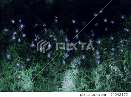 Beautiful night meadow landscape. Blue flowers with green leaves and grass on dark background.  94042175