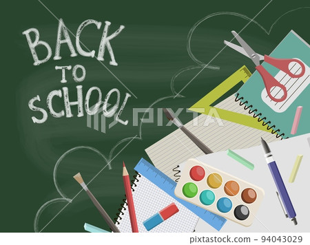 Back to school design layout with green chalkboard and various accessories Back to school design layout with green chalkboard and various accessories 94043029