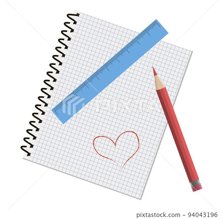 Blank vector copybook with red pencil, ruler and hand-drawn red heart, isolated on white background Blank vector copybook with red pencil, ruler and hand-drawn red heart, isolated on white background 94043196