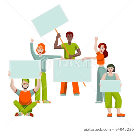 Group of five people protest in flat style with blank posters isolated on white background. Group of five people protest in flat style with blank posters isolated on white background. 94043280