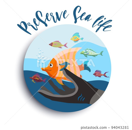 Round banner design dedicated to World Oceans day on June, 8. Preserve sea life lettering Round banner design dedicated to World Oceans day on June, 8. Preserve sea life lettering 94043281