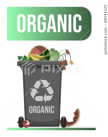 Black garbage container with separated organic waste. Waste management design template. Isolated on white background 94043325