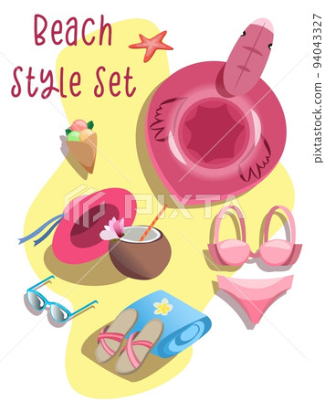 Cute and colorful beach item set with flamingo ring, swimwear, hat, sunglasses, flip-flops and desserts Cute and colorful beach item set with flamingo ring, swimwear, hat, sunglasses, flip-flops and desserts 94043327