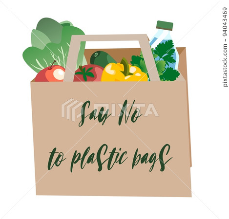 Paper bag with vegetables. Text Say no to plastic bags Paper bag with vegetables. Text Say no to plastic bags 94043469