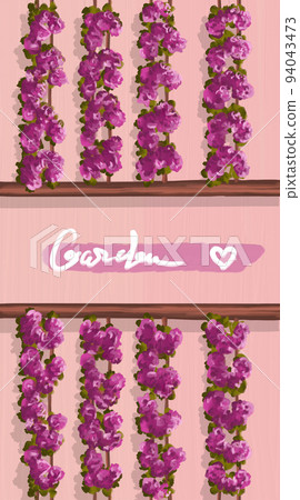 Festive spring or summer banner with curly trellis twigs with pink flowers and leaves on textured coral pink background and text "Garden". Festive spring or summer banner with curly trellis twigs with pink flowers and leaves on textured coral pink background and text "Garden". 94043473