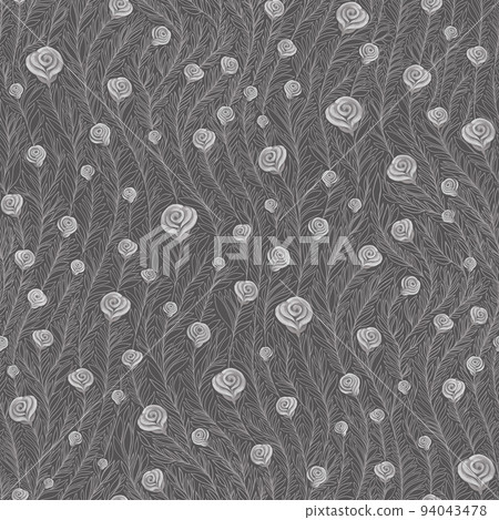 Gray colored oil painting floral seamless pattern. Hand drawn contours of twigs with rose flowers and leaves on dark gray background. Gray colored oil painting floral seamless pattern. Hand drawn contours of twigs with rose flowers and leaves on dark gray background. 94043478