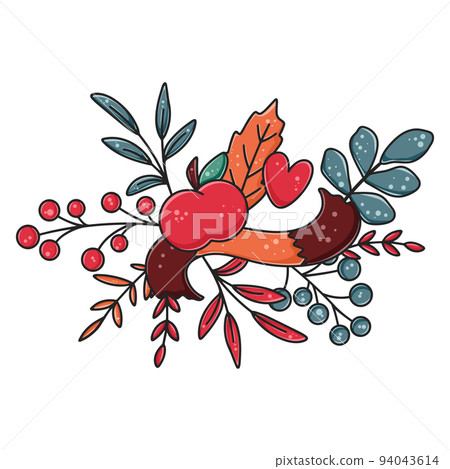 Cozy composition with a knitted scarf, red apples and autumn leaves 94043614
