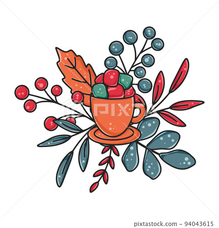 Cozy autumn or winter coffee composition with marshmallow berries and foliage Cozy autumn or winter coffee composition with marshmallow berries and foliage 94043615