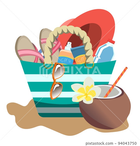 Cute and colorful beach item set with beach bag, hat, sunglasses, flip-flops and sunscreens 94043750