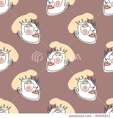 Seamless pattern with one single line drawings of female face and abstract shapes 94044831