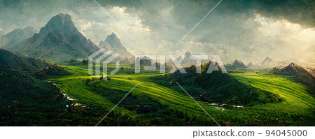 valley landscape in Highlands with green hills and tea plantations valley landscape in Highlands with green hills and tea plantations 94045000