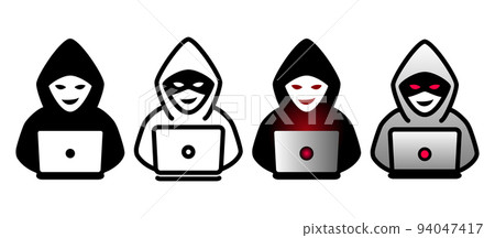 Vector icon illustration material set of a hacker group performing a cyber attack wearing a hood 94047417