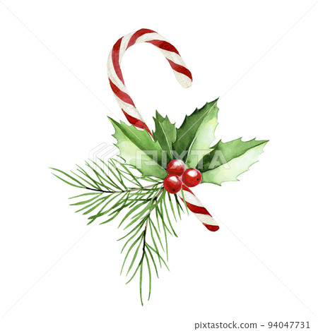 watercolor drawing. Christmas composition of lollipops of fir branches and holly. decoration for the new year, christmas watercolor drawing. Christmas composition of lollipops of fir branches and holly. decoration for the new year, christmas 94047731
