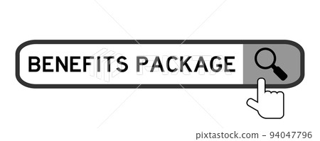 Search banner in word benefits package with hand over magnifier icon on white background Search banner in word benefits package with hand over magnifier icon on white background 94047796